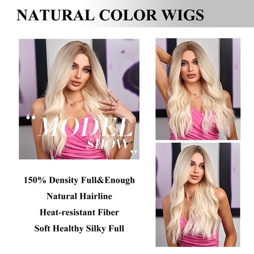 INSGOGO Long Body Wavy Blonde Wigs for Women 26 Inch 150 Density Heat Resistant Synthetic Wig Natural Middle Part Colored Wig for Cosplay Party Platinum Blonde Wig