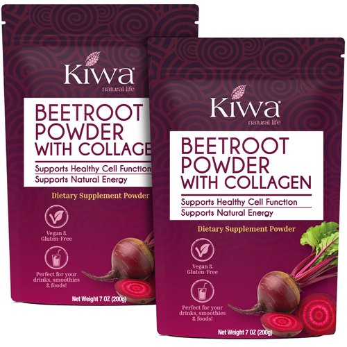 Kiwa Beetroot Powder with Collagen 2-Pack – Vegan, Gluten-Free Dietary Supplement – Supports Natural Energy & Healthy Cell Function – 7oz Bags