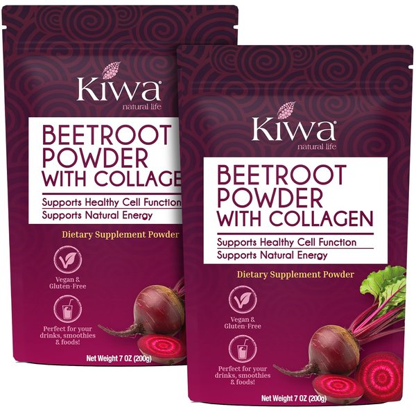 Kiwa Beetroot Powder with Collagen 2-Pack – Vegan, Gluten-Free Dietary Supplement – Supports Natural Energy & Healthy Cell Function – 7oz Bags