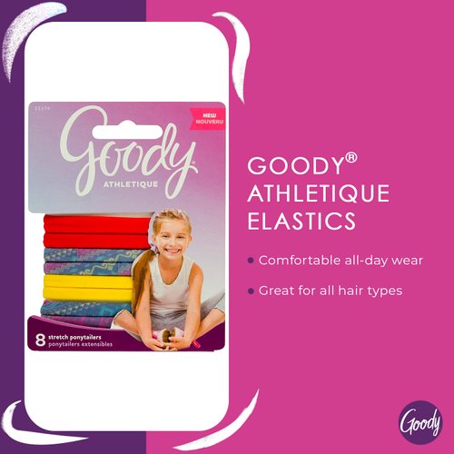 Goody Athletique Hair Elastic Stretch Ponytailers, 8-Piece - Ouchless Pain-Free Hair Accessories for Women, Men, Boys, & Girls - Perfect for Long Lasting Braids, Ponytails & More (Color Will Vary)
