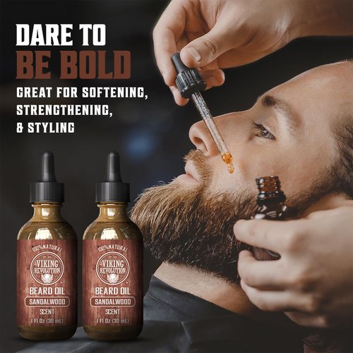 Viking Revolution Sandalwood Beard Oil for Men - Natural Mens Beard Oil with Argan Oil and Jojoba Oil - Beard Softener, Strengthens and Moisturizes - Beard Conditioner for Men (Sandalwood, 2 Pack)
