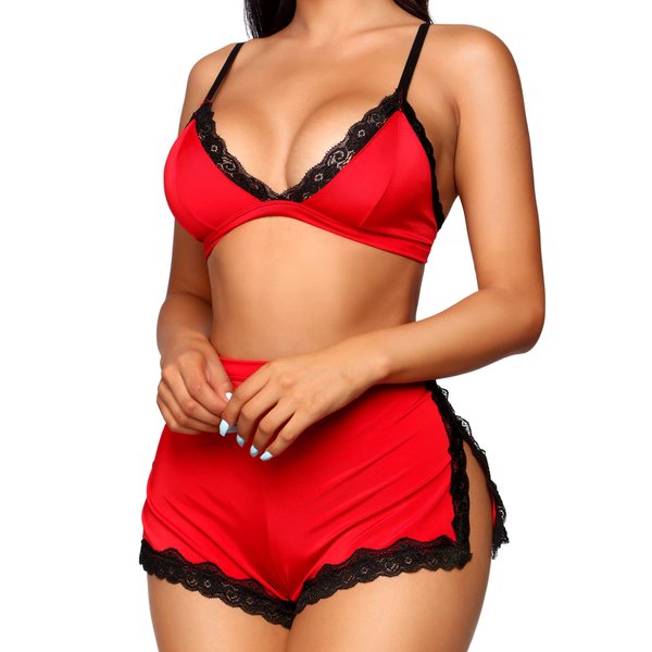 RSLOVE Sexy Pajama Set for Women Soft Lingerie Set Lace Trim Sleepwear 2 piece Pjs Shorts Set Red M