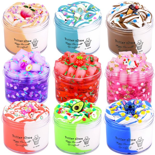9 Pack Slime Kit, with 3 Jelly Cube Crunchy Slime and 6 Butter Slime, DIY Stress Relief Slime, Soft and Non-Sticky, Birthday Gifts for Kids Girls Boys, Party Favor, Classroom Gifts, Idea Toys