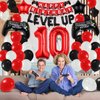 10th Level Up Theme Video Game Birthday Decorations Supplies Boys Girls Party Decor Favors Including Red Black White Latex Balloons Gaming Birthday Banner Black and Red Foil Gamepad Balloons