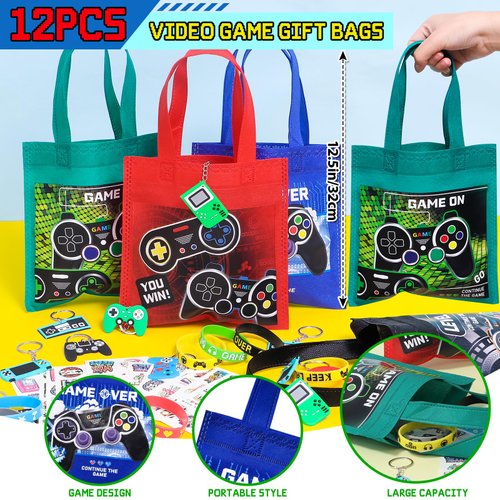 Winrayk Video Game Party Favors Gamer Birthday Supplies for Kids, Non Woven Bag Silicone Bracelet Stamper Glow Sticker Keychain 12 Sets Game on Pinata Filler Goody Bag Stuffer Boys Gaming Party Favors