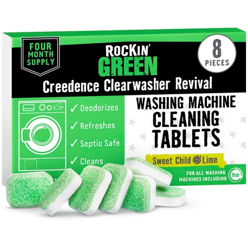 Rockin' Green Washing Machine Cleaning Tablets (8 Pieces) - Deodorazing Washer Machine Cleaner Tablets for a 4 Month Supply - Easy to Use Washer Cleaner to Remove Residue for All