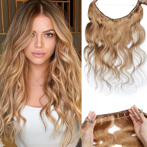 Benehair Invisible Wire Hair Extensions Real Human Hair Blonde for Women Wavy Hairpieces with Invisible Secret Wire Hair Adjustable Wire Replacement Dark Blonde 16inch for Thinning Hair #27