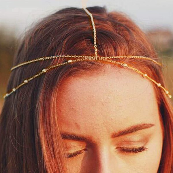 Chicque Boho Head Chain Jewelry Gold Headpiece Beaded Hair Jewelry Layered Hair Chain Festival for Women and Girls