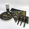 Rainmae New Years Party Supplies, 2025 Black and Gold New Years Disposable Tableware, Including Dinner Plates, Dessert Plates, Napkins, Cups Tablecloth for New Years Eve Party Supplies Decor Serves 20
