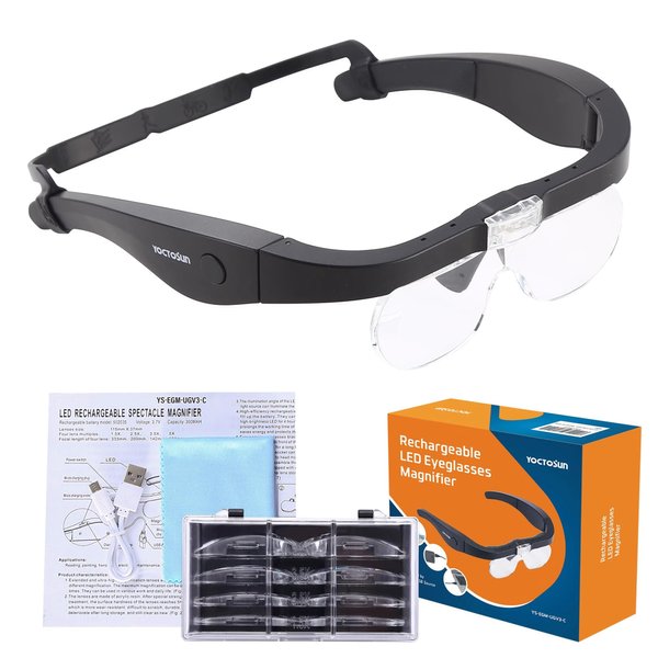YOCTOSUN Rechargeable Magnifying Glasses, Head Magnifier Glasses with 2 LED Lights and Detachable Lenses 1.5X, 2.5X, 3.5X,5X, Best Eyeglasses Magnifier for Reading and Hobby