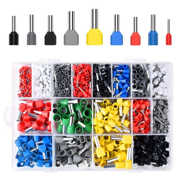 Lytool Double Wire Ferrule Kit,1200pcs Ferrules Terminal Set, Insulated Ferrule Crimp Pin, Twin Ferrule Connectors Wire Ends Terminals Pins, Single-Line Ferrules and Twin Wire Ferrule Set, AGW 23-6