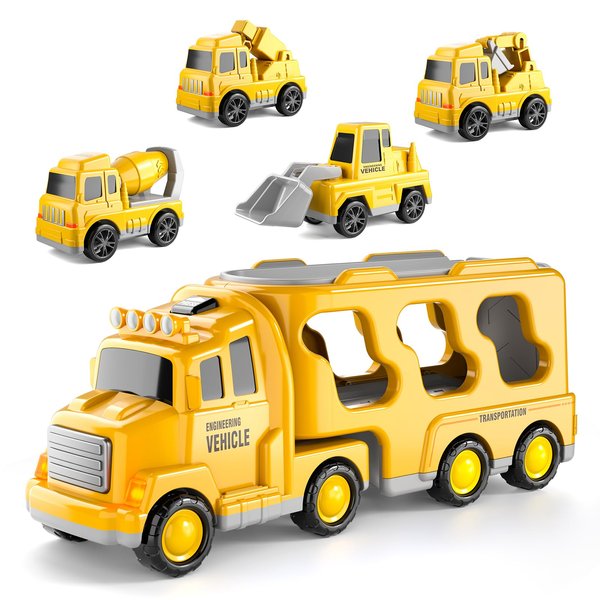 IHAHA Construction Toys for 1 2 3 4 5 6 Years Old Boys Toddlers, 5 in 1 Carrier Trucks Cars Toys for Toddler Boy Girl Birthday, Cars Friction Power Toys with Light Sound