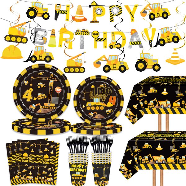 132 Pcs Construction 4th Birthday Party Supplies Dump Truck Theme Four Tableware Includes Hanging Swirl, Banner, Plates, Cups, Tablecloth for Boys Construction Four Years Old Bday Party Decorations
