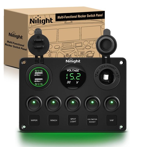 Nilight - 90125E 5 Gang Multi Function Rocker Switch Green Backlit Dual USB Charger + Digital Voltmeter +12V Outlet Pre-Wired Switch Panel with Inline Fuse for RVs Cars Boats Trucks Trailers