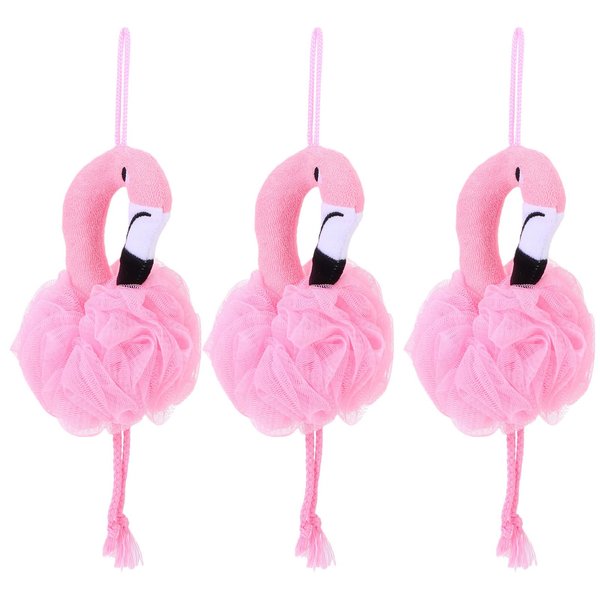 FRCOLOR Shower Loofah Bath Sponge Flamingo Mesh Pouf Body Scrubber with Hanging Rope for Kids Women Girls Pink