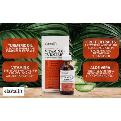Elastalift Concentrated Vitamin C + Turmeric Oil Anti Aging Facial Serum Skin Care Booster - Promote Clear & Brighten Skin Tone - Hydrate Dry Skin, Fight Redness, Restore Skin Strength - 1.75 Fl Oz