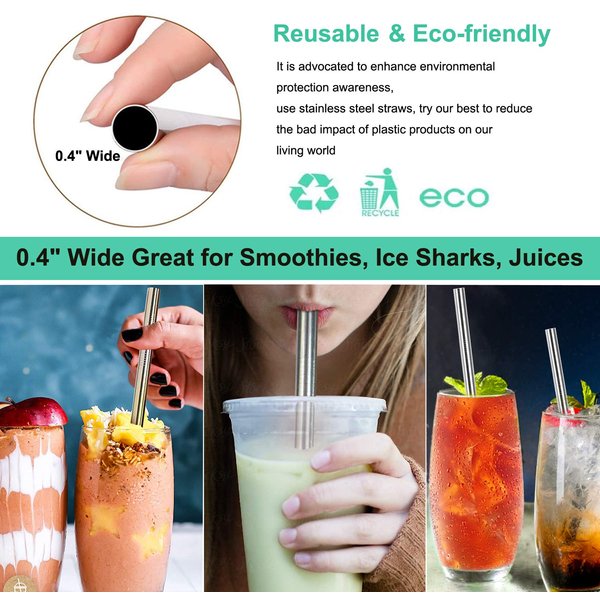 Vinaco Stainless Steel Smoothie Straws, 0.4'' Extra Wide Reusable Metal Drinking Straws for Milkshake, Smoothie, Beverage, Set of 4 with 1 Cleaning Brush