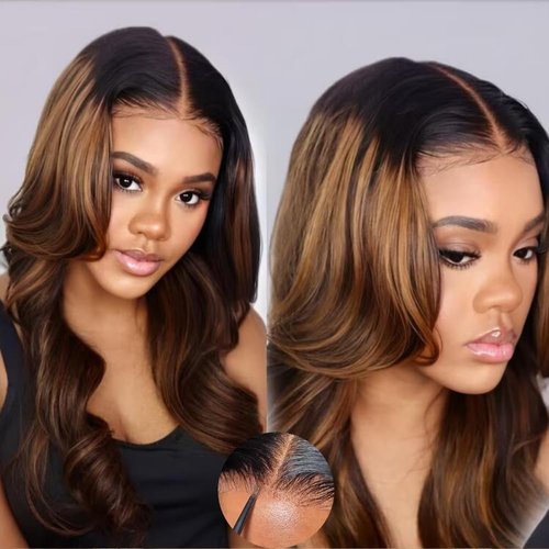 KLAIYI Bye Bye Knots Glueless Wig Ombre Brown Body Wave Pre Cut 7x5 Lace Front Wigs Human Hair Pre Plucked Pre Bleached Pre Everything Wear and Go Wig 12A Highlight Balayage 30S Ready To Go Wig 16Inch