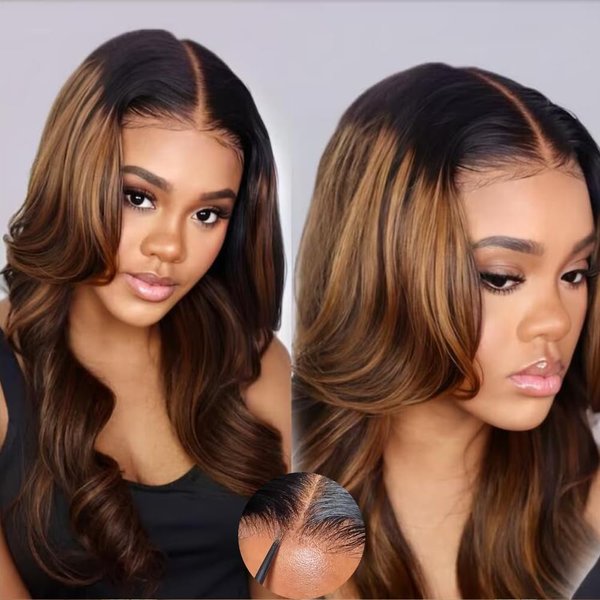 KLAIYI Bye Bye Knots Glueless Wig Ombre Brown Body Wave Pre Cut 7x5 Lace Front Wigs Human Hair Pre Plucked Pre Bleached Pre Everything Wear and Go Wig 12A Highlight Balayage 30S Ready To Go Wig 16Inch