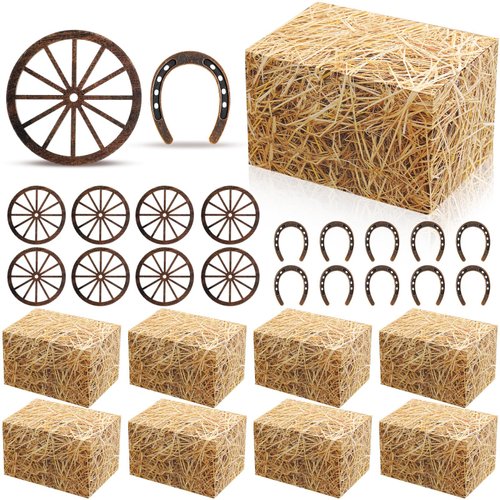 Watersay 24 Pcs Western Cowboy Party Centerpieces Set Straw Boxes Tables Decorations Horseshoe Wagon Wheel Decor Hay Bales Boxes Vintage Cowboy Theme Party Favors for Western Party Birthday