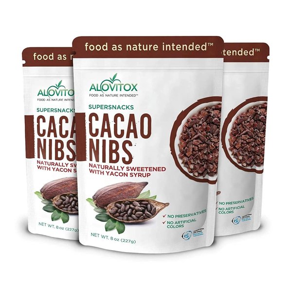 Cacao Nibs Naturally Sweetened with Yacon Syrup | Raw Organic, Sugar Free, Keto, Paleo and Vegan Friendly | Antioxidant and Protein Rich Criollo Chocolate Snack by Alovitox | 24 oz (3 x 8 oz)