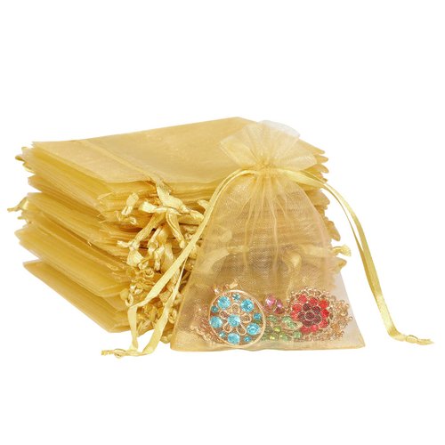 Boshen 100/200PCS Organza Gift Candy Sheer Bags Mesh Jewelry Pouches Drawstring Bulk for Wedding Party Favors Christmas (3" X 4"(100PCS), Gold)