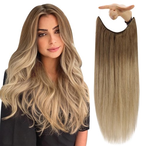 Fshine Invisible Wire Hair Extensions Human Hair Ombre Fish Wire Extensions #10/14 Brown to Blonde Balayage Invisible Hair Extensions with Transparent Line 70g Headband Human Hair for Women 12 Inch
