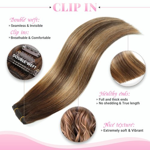 Evala Clip in Hair Extensions, 7pcs Clip in Hair Extensions Real Human Hair 16 inch 120g Clip ins #P4/27/T4 Brown with Caramel Blonde Highlights Hair Extensions Clip ins Brown Human Hair Extensions