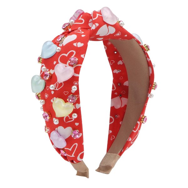 Valentine’s Day Headbands for Women Pearl Rhinestone Hairband Knotted Heart Crystal Bejeweled Head Band Non Slip Wide Top Knot Headband Holiday Jeweled Hair Accessories Valentines Gifts (Red-Love)