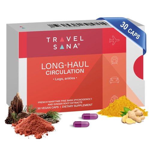 TRAVELSANA Long-Haul Circulation | Reduce Swollen Legs, Ankles, Feet | Relieve Leg Discomfort from Long Flights | Travel Essentials | Pycnogenol 100 mg & Ginger Root Extract | 30 Servings (Vegan Caps)