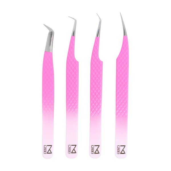 M LASH Eyelash Extension Tweezers (Set of 4) - Professional & Precision Lash Tweezers for Eyelash Extensions - Japanese Steel, Diamond Grip, Fiber Tip V3 (Ombre)