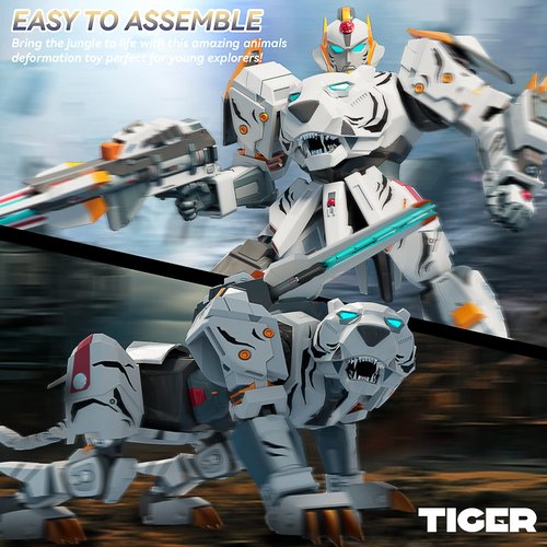 STOULKD Animal Transforming Robot Toy - Tiger Action Figure Toy for Boys Ages 6-12 (White)