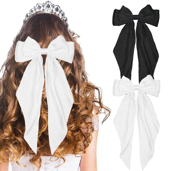 LSxia 2PCS Hair Bows for Women, [Black Hair Bow & White Hair Bows] for Hair, Big Silky Satin Hair Bow Hair Ribbons, Bow Hair Clips Bow Clips for Women, Cute Hair Accessories (Set A)
