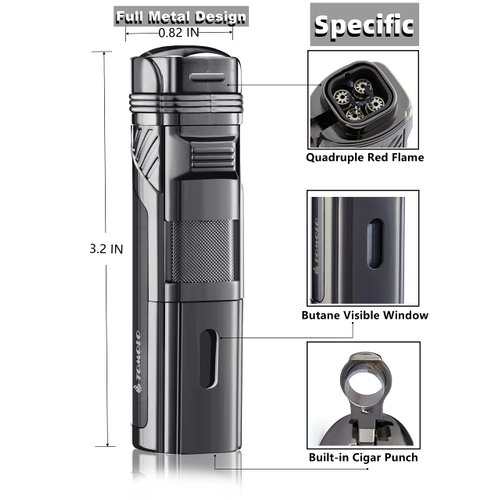 TOMOLO Torch Lighter Quadruple 4 Jet Flame Refillable Butane Cigar Lighter with Cigar Punch,Gift Box(Gunmetal)