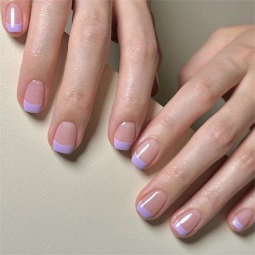 MERVF Short Press on Nails Square Fake Nails Purple French Tip Squoval Glue on Nails with Design 24pcs Glossy Artificial Acrylic Nails for Women