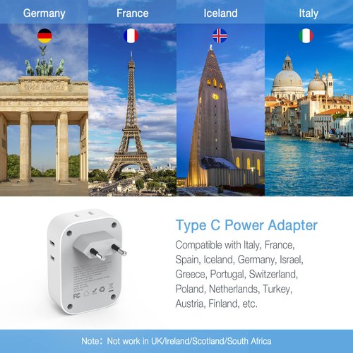 2 Pack European Travel Plug Adapter USB C, TESSAN US to Europe Plug Adapter with 4 Outlets 3 USB Charger (1 USB C Port), Type C Power Adaptor to Italy Spain France Portugal Iceland Germany, white gray