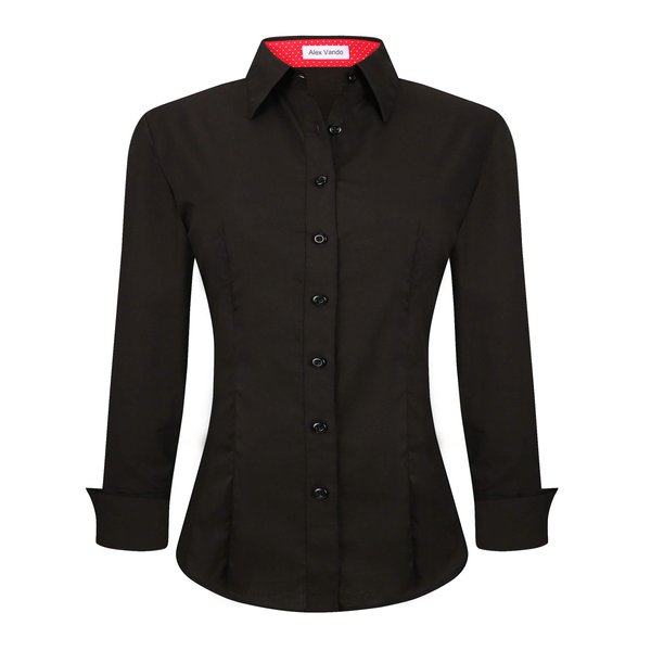 Alex Vando Womens Dress Shirts Wrinkle Free Regular Fit Long Sleeve Stretch Work Shirt,Black,M
