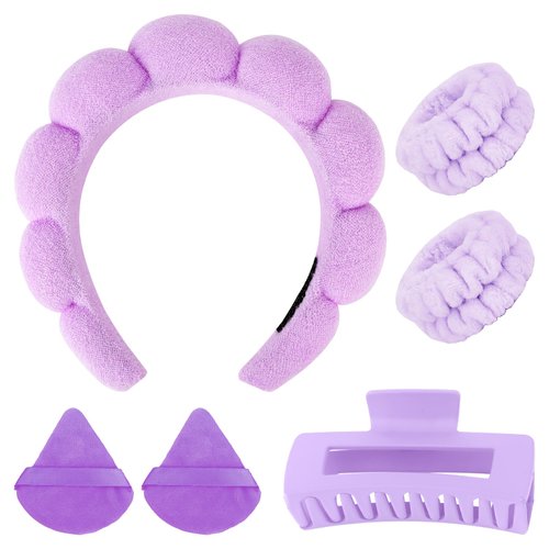 ACO-UINT 6Pcs Purple Spa Headband and Wrist Washbands Set, Skincare Headband Face Wash Headband Makeup Headband, Hair Claw Clip and Powder Puffs for Women and Girls