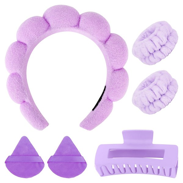 ACO-UINT 6Pcs Purple Spa Headband and Wrist Washbands Set, Skincare Headband Face Wash Headband Makeup Headband, Hair Claw Clip and Powder Puffs for Women and Girls