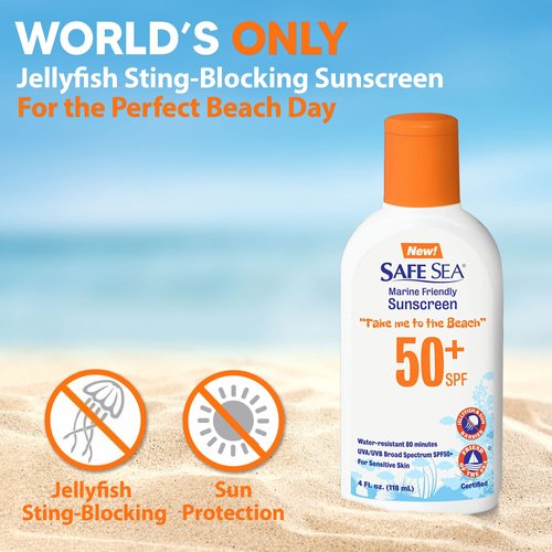 Safe Sea Jellyfish Sting-Blocking Sunscreen, SPF 50+ Lotion 4oz, Waterproof, Biodegradable, Coral Reef-Safe – Body and Face Sunscreen, Anti-Jellyfish and Sea-Lice sting protection.