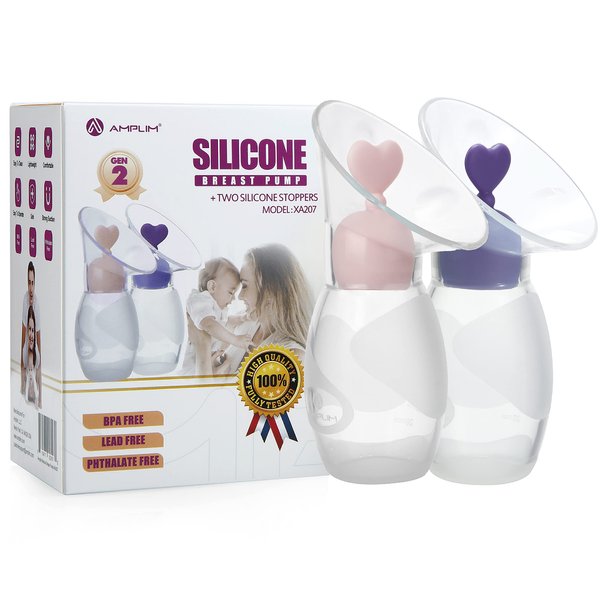 Amplim 2-Pack Manual Breast Pump for Breastfeeding | Food Grade Silicone Milk Collector with 2 Leak-Proof Stoppers | Enhance Milk Production | BPA Free FSA HSA Eligible – 4oz Blue