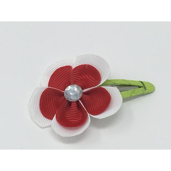 Snap Clip, Flower Hair Clip, Red and White Hair Clip, Grosgrain Flower Hair Clip