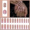 ANDGING Pink Press on Nails Long Coffin, Fake Nails for Women with Glitter Heart Rhinestone Design, Acrylic Glue on Nails, Square False Nails Press on, Stick on Nails for Wedding Birthday 24Pcs