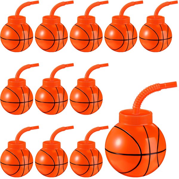 Amyhill 12 Set Basketball Cups Bulk with Straws and Lids 10 oz Plastic Reusable Basketball Ball Shape Cups Set Basketball Party Favors For Kids Birthday Sports Basketball Theme Party Supplies