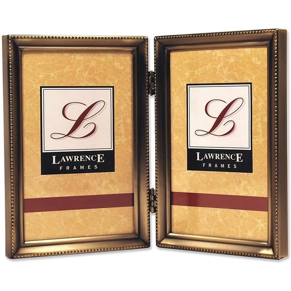 Lawrence 11435D Antique Gold Bead 3.5x5 Hinged Double Picture Frame