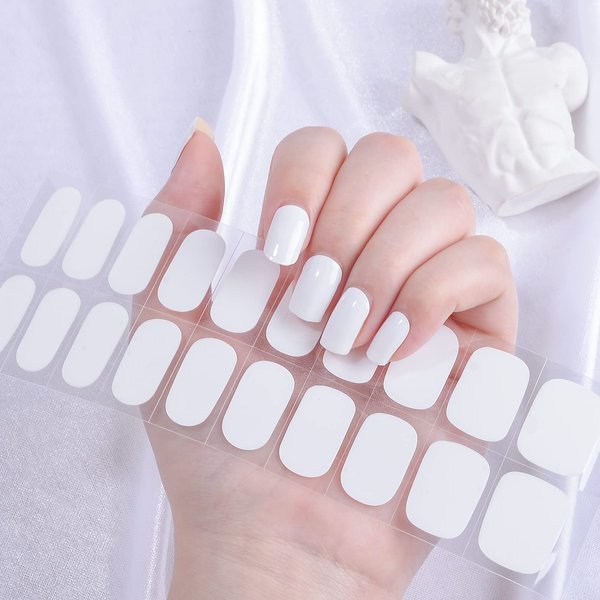 LIFOOST Gel Nail Polish Strips White Solid Color Free Nail Light/Lamp Gel Nail Stickers 20 Extra-Long Manicure Strips