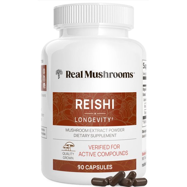 Real Mushrooms Reishi Capsules - Organic Mushroom Extract Supplement with Potent Red Reishi Mushroom - Vegan Mushroom Supplement, Non-GMO, 90 Caps