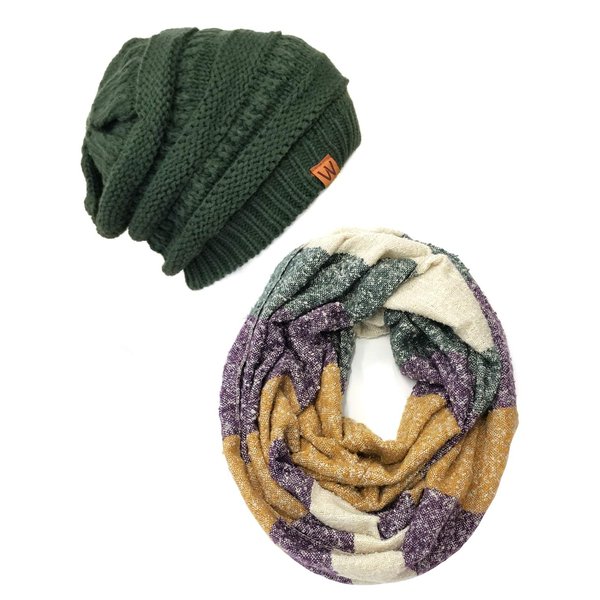 Bowbear Tricolor Winter Knit Infinity Scarf with Beanie, HGGM + Forest Green