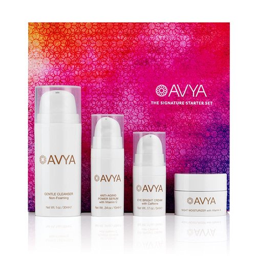 Avya Skincare Discovery Starter Set | Anti-Aging | Gentle Cleanser (15ml) + Anti-Aging Power Serum (10ml) + Eye Bright Cream (5ml) + Night Moisturizer (10ml)