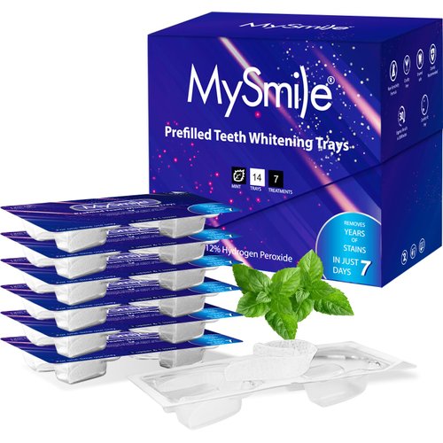 MySmile 7 Treatments Prefilled Teeth Whitening Trays Kit with 12% Hydrogen Peroxide Whiter Gel for Sensitive Tooth, Fast-Result Vegan Teeth Whitener Tooth Stain Remover, Mint Flavor